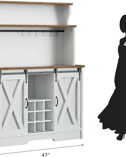 Farmhouse Coffee Bar Cabinet with 3 Tier Storage Hutch, 47'' Coffee Bar Station with Sliding Barn Door, Hutch Storage Cabinet with 9 Wine Racks & 9 Hooks for Kitchen Dining Living Room
