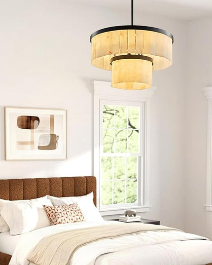 Alabaster Chandelier 2-Tier D24 Round Chandeliers, Modern Dining Room Chandelier Marble Pendant Light Farmhouse for Living Room, Bedroom, Foyer, Kitchen, Entryway Black(Include Bulbs)