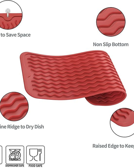 Silicone Dish Drying Mat for Multiple Usage,Easy clean,Eco-friendly,Heat-resistant Silicone Mat for Kitchen Counter,Sink,Bar,Bottle,or Cup Red M 17 inches x 6 inches