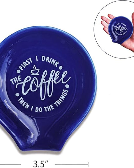 Funny Coffee Quote First I Drink The Coffee Then I Do The Things Ceramic Spoon Holder-Navy Blue Coffee Spoon Rest -Cafe Station Bar Accessories