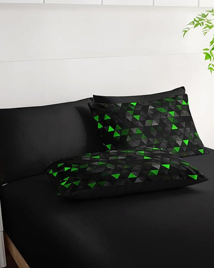 Geometric Green Black Triangle King Size Comforter Set,Light Honeycomb Bedding Set 7 Piece in A Bag,Bed Sheet Set Geometry Decor,Microfiber Lightweight All Season
