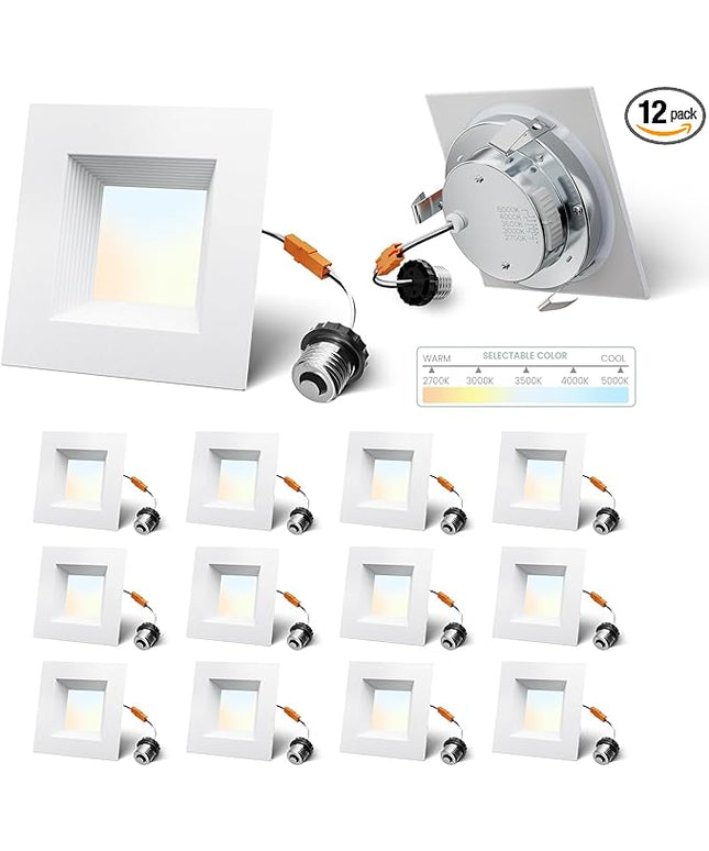 4 Inch Led Recessed Lights Square,Led Downlight Square White,with Baffle Anti-Glare,5CCT 2700K-5000K Dimmable,9W 800LM,ETL & ES(12 Pack)