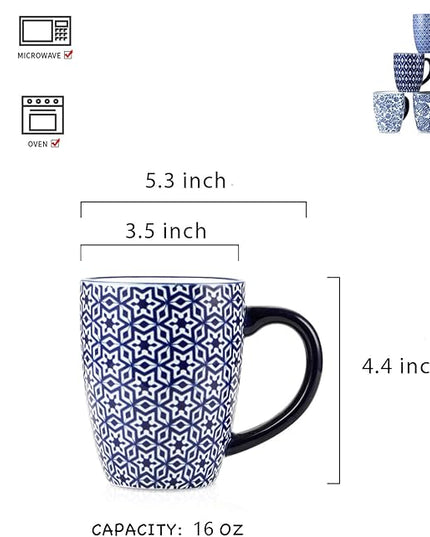 Selamica 16 oz Porcelain Coffee Mugs Set, Ceramic Tea Cup with Handle, dishwasher, oven, microwave safe, Pack of 6, Vintage Blue
