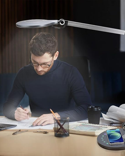 Desk Lamp,Led Architect Desk Lamp,Desk Lamps for Home Office,Table lamp with Wireless Charger & Adjustable Swing Arm,Touch Control, 3 Lighting Mode,5 Brightness,Eye-Caring Office Lamp