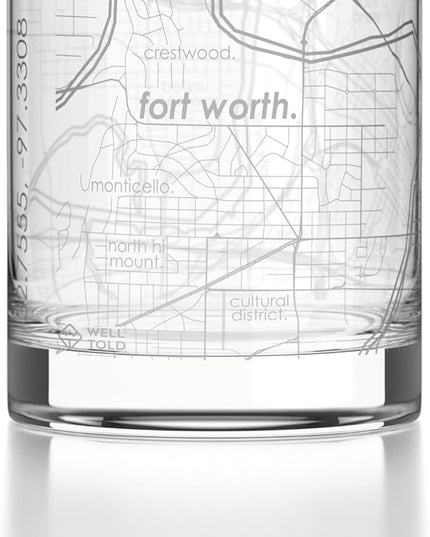 Well Told Engraved Fort Worth Texas Map Rocks Glass, Old Fashioned Glassware (11 oz, Clear) Etched Bourbon Tumbler, Gifts For Whiskey Lovers