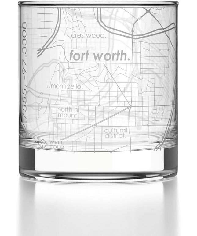 Well Told Engraved Fort Worth Texas Map Rocks Glass, Old Fashioned Glassware (11 oz, Clear) Etched Bourbon Tumbler, Gifts For Whiskey Lovers