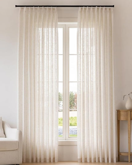 Pinch Pleated Linen Curtains 102 Inches Long - Light Filtering Curtains for Living Room, Semi Sheer Window Curtains for Bedroom, Luxury Pinch Pleated Drapes with Hooks and Rings, Natural, 2 Panels Set