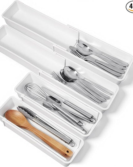 4pcs white drawer organizer Expandable drawer dividers vanity Drawers Storage Tray Expandable drawers organizer trays Dividers to Organize and Store for Bedroom, Bathroom, Kitchen Utensils