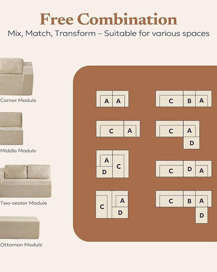 136" Cloud Sectional Couch, Left/Right Facing Convertible Sofa with Deep Seat, L-Shape Modular Upholstered Foam Couch for Living Room Bedroom, No Assembly Required (Corduroy Fabric, Beige)