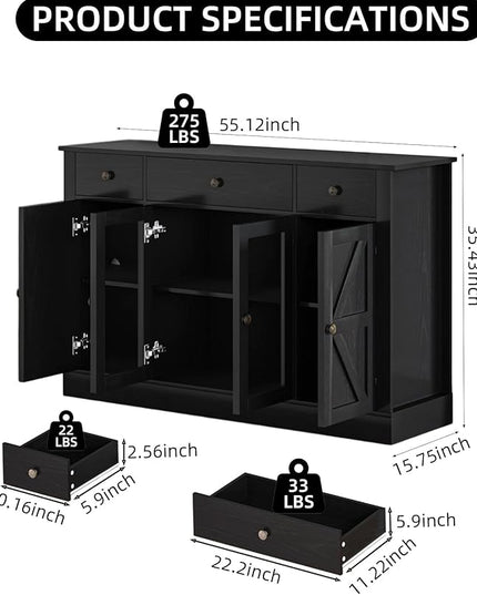4 EVER WINNER 55" Coffee Bar with 4 Glass Doors and 3 Drawers, Sideboard Buffet Cabinet with Storage, Farmhouse Coffee Bar Cabinet with Adjustable Shelves for Kitchen, Dining Room, Black
