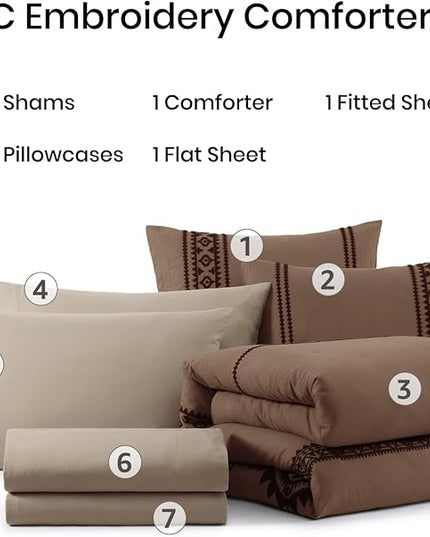 MaiRêve Embroidery Comforter Set, Boho Farmhouse Western Bedding Set, All Season Bed in A Bag Comforter Set with Sheets, Pillowcases & Shams, Brown Queen 7 Pieces