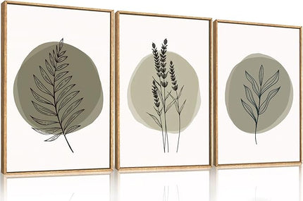 HOURIA Sage Green Leaves Framed Canvas Wall Art Set,Minimalism Boho Leaf Wall Decor, Modern Nature Botanical Wall Painting,Mid Century Plant Art Prints for Living Room,Bedroom,Farmhouse-16 x24 x3