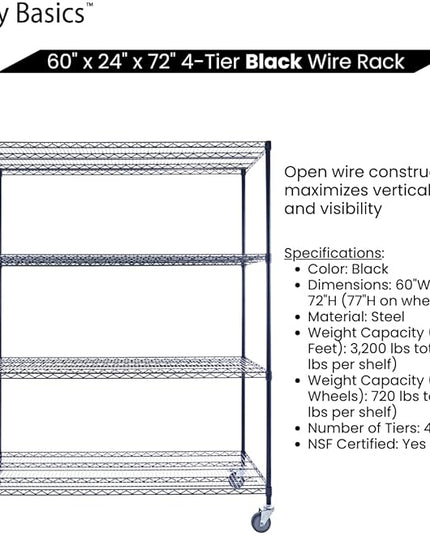 NSF Commercial 4-Tier Wire Shelving with Wheels, 60"x24"x72" Heavy Duty Metal Shelves 3200 lbs Max Capacity, Black Storage Rack for Garage Kitchen Pantry Warehouse