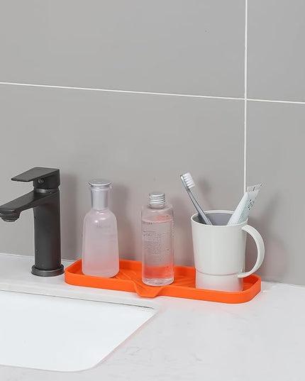 Silicone Bathroom Soap Dishes with Drain Spout-Bathroom and Kitchen Sink Organizer,Sponge Holder,Dish Soap Tray,Perfect for Dispenser,Scrubber,Bottle,Cup on Sink or Counter-Orange 12"×4"