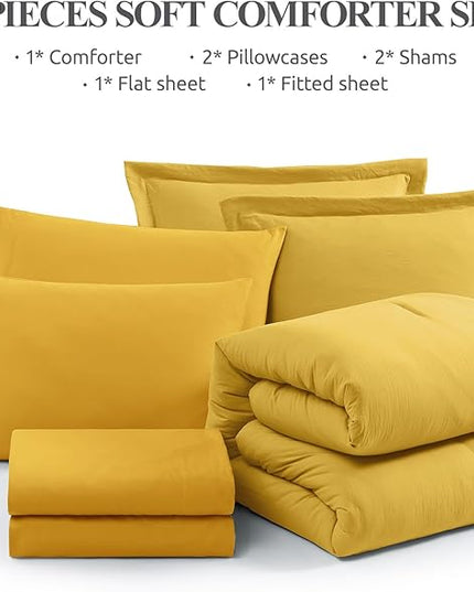 WRENSONGE Queen Comforter Set- 7 Pieces Soft Yellow Bed in a Bag Queen with Fitted Sheet, Flat Sheet, 2 Shams, and 2 Pillowcases- Warm Bedding Sets for All Season