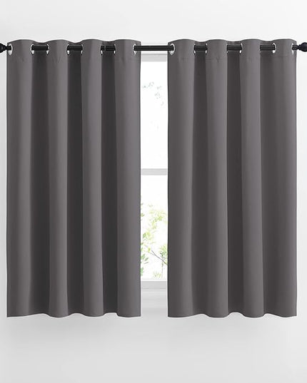 NICETOWN Blackout Short Kitchen Window Curtains for Bedroom - Window Treatment Thermal Insulated Solid Grommet Blackout Drapes for Living Room (Set of 2 Panels, 52 by 45 Inch, Grey)