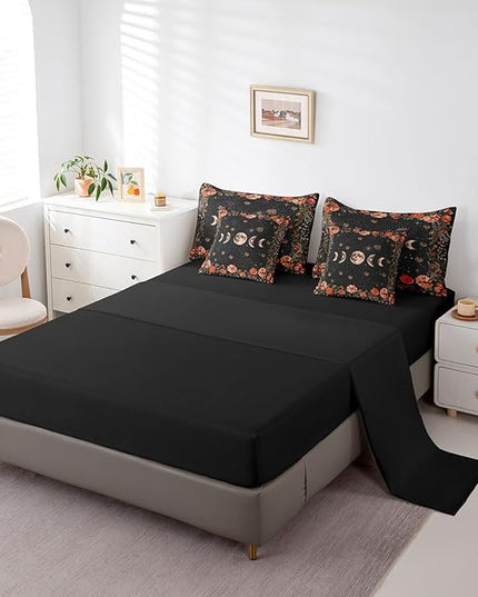 Feelyou Sun Moon Trippy 7 Piece Bedding Set Twin Size Red Floral Comforter Set with Sheets for Kids Adult Boho Nature Bed in a Bag Starry Galaxy Bed Set