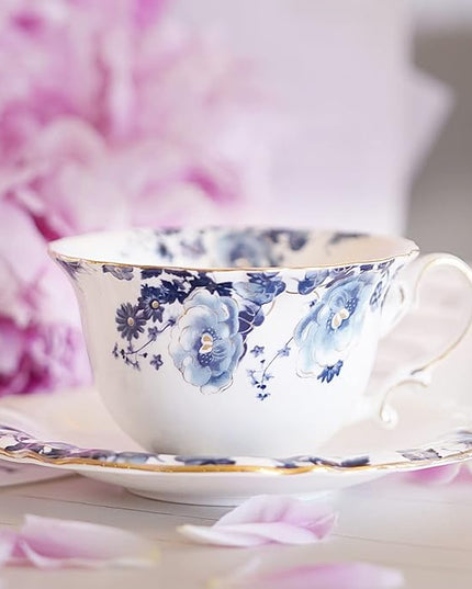 Jomop Ceramic Tea Cups Coffee Cup and Saucers Set of 4 (Blue and White)