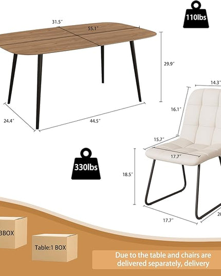 55.1'' Dining Table Set for 4,Modern Wood Dining Table,Leather Dining Chairs 4,Table and Chairs Set of 4,Ideal for Kitchen Dining Room (Walnut Color Table + 4 U-Shaped White Chairs, 55.1")