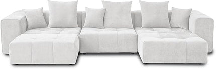 JACH 144.1 Inch U-Shaped Modular Sofa, Mid Century Modern Deep Seat Sectional Couch, 3-Seater Sofas with Chaise Ottomans for Living Room, Cozy Sofas for Apartment, Living Room (Linen Fabric, White)