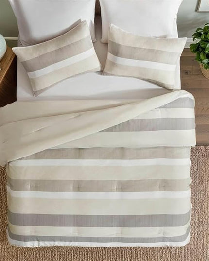Twin Comforter Set, 2 Pieces Striped Bed Set, Soft Brushed Microfiber Reversible Bedding Set for All Season, Lightweight & Breathable Bedding Set with Comforter & Sham, Neutral