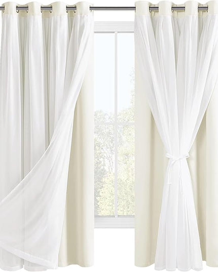 Hiasan Ivory Blackout Curtains with Sheer Overlay, Grommet Thermal Insulated Mix & Match Double Layer Window Curtains for Girls Bedroom, Living Room, 2 Panels Sewn with Tiebacks, 52W X 63L