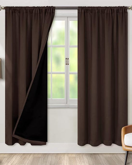 BGment Thermal Insulated 100% Blackout Curtains for Bedroom with Black Liner, Double Layer Full Room Darkening Noise Reducing Rod Pocket Curtain (52 x 72 Inch, Brown, 2 Panels)