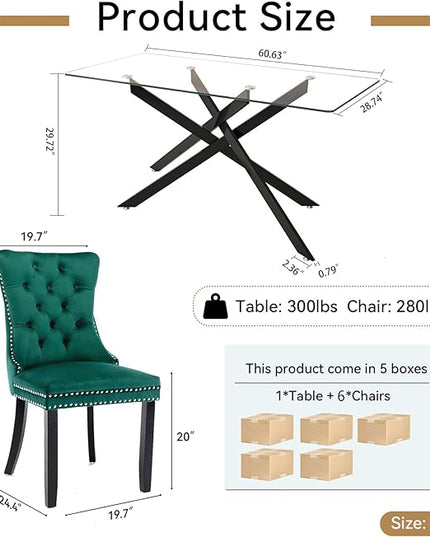 Modern 7-Piece Glass Dining Table Set for 6, Modern 60" Rectangle Black Glass Dining Room Table Set with Green Velvet Tufted Chairs Wood Legs for Kitchen Dining Room