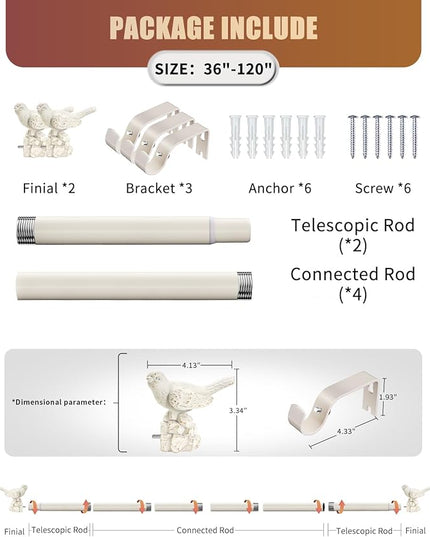 White Curtain Rod 36 to 120 Inches Curtain Rods for Windows Adjustable Drapery Rod with Bird Finials Heavy Duty Curtains Rods White for Kitchen Window Living Room