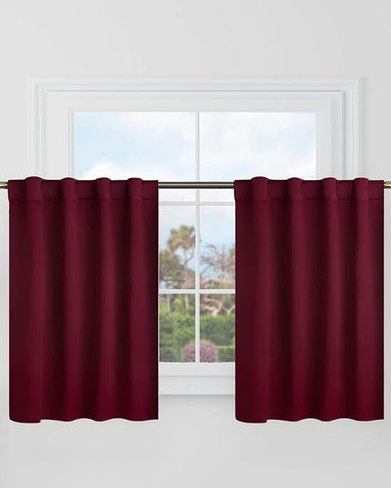 BGment Burgundy Balckout Curtains 36 Inch Length for Half Windows - 34 x 36 inch Rod Pocket and Back Tab Thermal Insulated Room Darkening Short Curtains for Cafe, 2 Panels, Burgundy Red