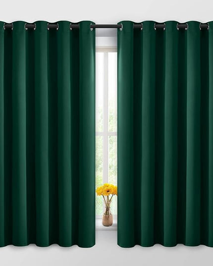 Yakamok Blackout Curtains Room Darkening Thermal Insulated Window Panels,Solid Grommet Top Drapes for Bedroom/Living Room(62Wx63L, Dark Green, 2 Panels)