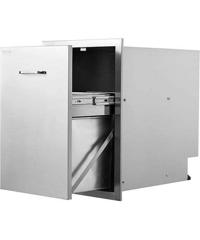 VEVOR Outdoor Kitchen Trash Drawer 17.7W x 25H x 22.8D Inch, Stainless Steel Trash Drawer with Handle and Pull-Out Tray, Outdoor Pull Out Kitchen BBQ Island, Trash Can NOT Included