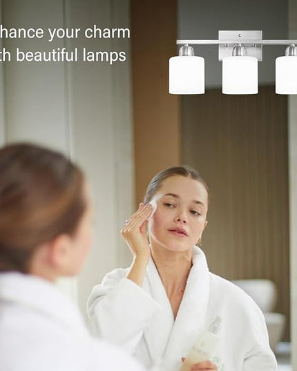 Brushed Nickel Bathroom Light Fixture, 3 Light Vanity Lights for Bathroom, Bath Lights with Milky White Frosted Glass Shades, E26 Socket