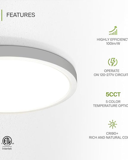 ASD LED 15" Round Flush Mount Ceiling Light Fixture, Low Profile Surface Lighting | 5CCT, Dimmable, Ultra-Thin, ETL Listed | 28W 2300LM 2700-6000K 100-277V | Kitchen, Hallway Lamp | White, 2 Pack