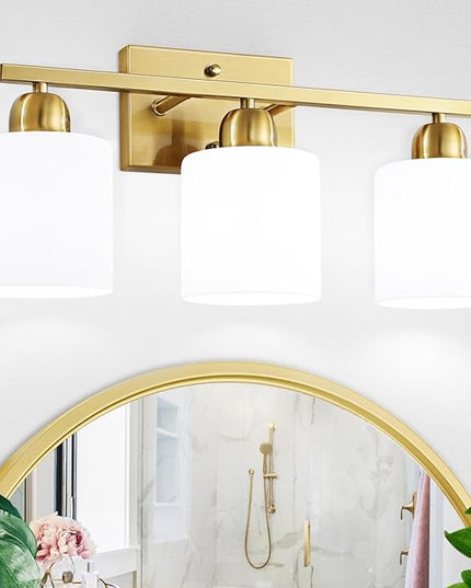 3 Light Gold Bathroom Light Fixtures, Modern Bathroom Vanity Lights with Milky White Frosted Glass Shades, Gold Vanity Mirror with Lights for Mirror Living Room E26 Base