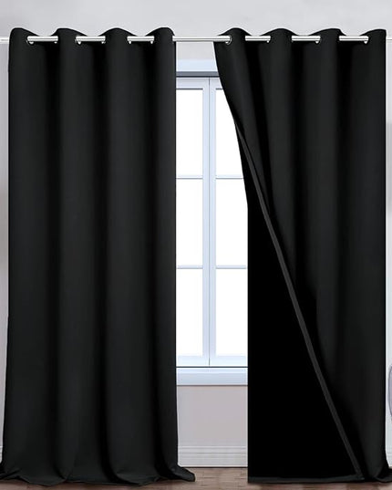 Yakamok 100% Blackout Lined Panels, Room Darkening Thermal Insulated Blackout Curtains for Bedroom, Heat Blocking Drapes for Living Room(52Wx108L, Black, 2 Panels)