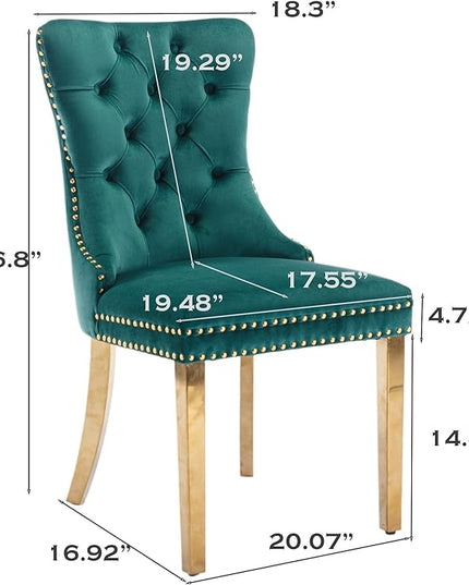 SoarFlash Velvet Dining Chair Set of 6, Upholstered Tufted Dining Room Chair with Nailhead Trim and Solid Gold Plated Leg for Kitchen (Green)