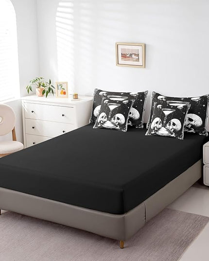 Feelyou Death Moth Comforter Set King Size 7 Pieces Comforters Gothic Skull Skeleton Bedding Set Sand Clock Bed Set Bed in a Bag with Comforter, Sheets, Pillowcases & Cushion Covers