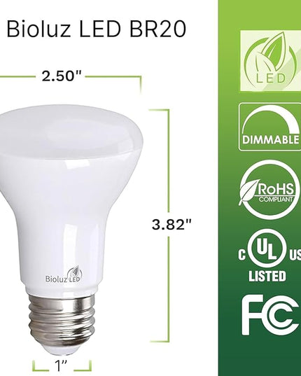 Bioluz LED 10 Pack BR20 LED Bulbs Indoor Flood Light R20 Dimmable High CRI 2700K Warm White, 50 Watt Equivalent Uses 7W, 540 Lumens UL Listed FCC RoHS Compliant