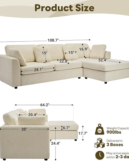 Tbfit L Shaped Couch, Oversized 108" Modular Sectional Sofa with Convertible Chaise, Comfy 4 Pillows Sofa for Living Room, Cream