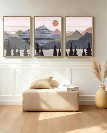 ANHUIB Mountain Framed Wall Art 16x24 Inch Large Nature Wilderness Art Print Abstract Landscape Painting Set of 3 for Living Room Bedroom Office