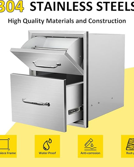 Outdoor Kitchen Drawers with Paper Towel Holder 16" W x 20" H x 20" D Flush Mount BBQ Drawers with Chrome Handle,Stainless Steel Built-in Double Access Drawers for Outdoor Kitchen Island