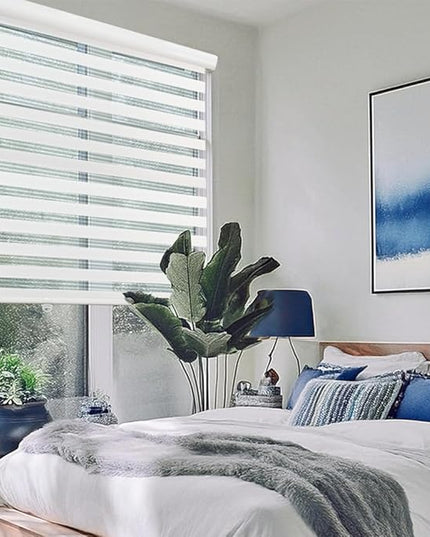 Shadesu Cordless Zebra Blinds for Windows, 87" W x 72" H, White, Dual Layer Free-Stop Zebra Shades, Light Control for Day and Night, Sheer Blinds for Indoor Windows, Bedroom, Kitchen