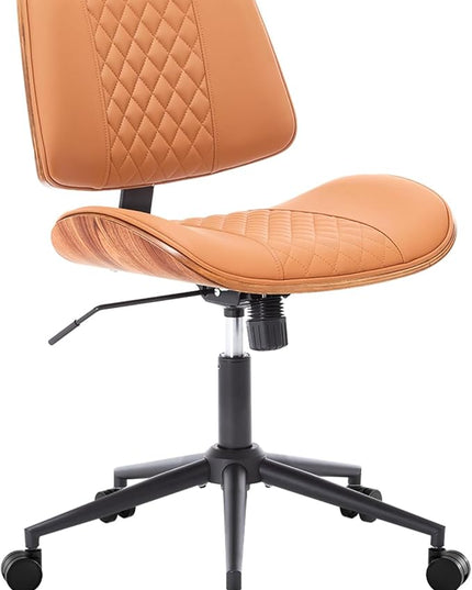 Home Office Chair No Arms with Wheels, Adjustable Height PU Leather Mid Back, 360 Swivel Computer Small Desk Chair, Armless Modern Walnut Style for Office, Reading Meeting Room(Brown)