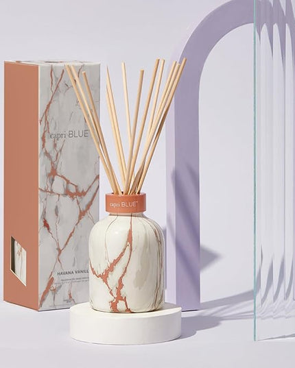 Capri Blue Modern Marble Reed Diffuser Set - Includes Reed Diffuser Sticks, Scented Oil & Glass Bottle - Luxury Scents for Bedroom Decor & Bathroom Air Freshener - Havana Vanilla (5.7 fl oz)