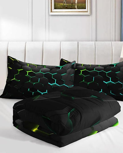 Geometric Green Black Neon Comforter Set,Light Honeycomb 3 Piece Bedding Set Queen for Teen Boys,Modern Bedding Quilt Set Geometry Decor,Microfiber Lightweight 1 Comforter 2 Pillowcases All Season