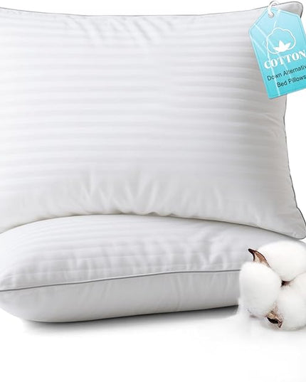 Bed Pillows King Size Set of 2-100% Cotton Cover, Down Alternative Gel Polyfill Filled, Flat Soft Medium Adjustable Hotel-Style Pillow Inserts, 20x36 Inch