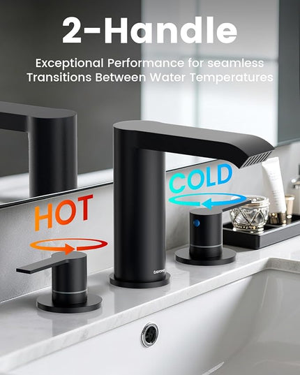 DAYONE Matte Black 3 Holes Bathroom Sink Faucet Widespread, 2 Handles Lavatory Vanity Faucet with Pop Up Drain & Supplies Lines