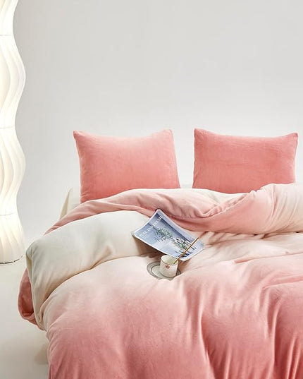 Luxlovery Pink Velvet Comforter Cal King Women Pink White Gradient Fluffy Plush Bedding Set California King Flannel Blush Pink Sherpa Micromink Ink Rainbow Color Winter Quilts Warm Comforter Set
