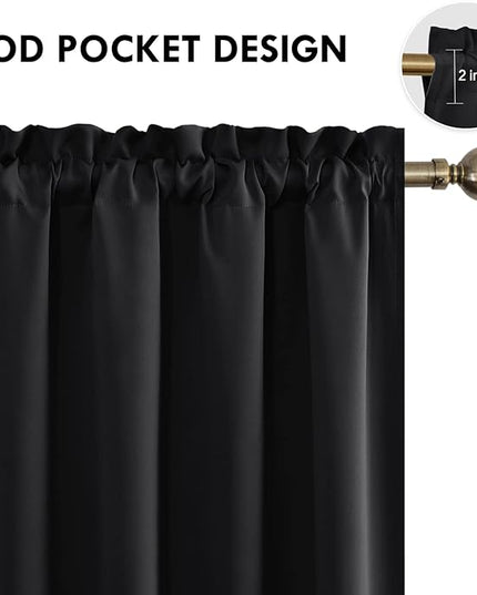 DWCN Blackout Curtains Room Darkening Thermal Insulated Bedroom Curtains Window Curtain Panels, 52 x 63 inches Long, Set of 2 Black Rod Pocket Drapes